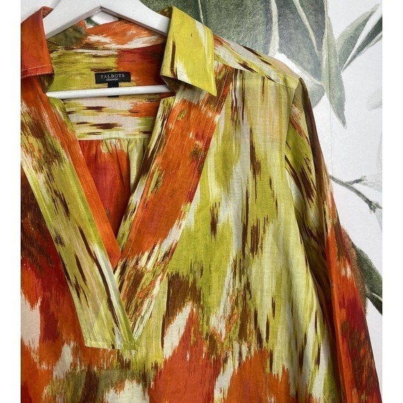 Talbots Size 14 Orange Paint Brush Popover Silk Blend Semi Sheer Long Sleeve Top - Picture 5 of 6